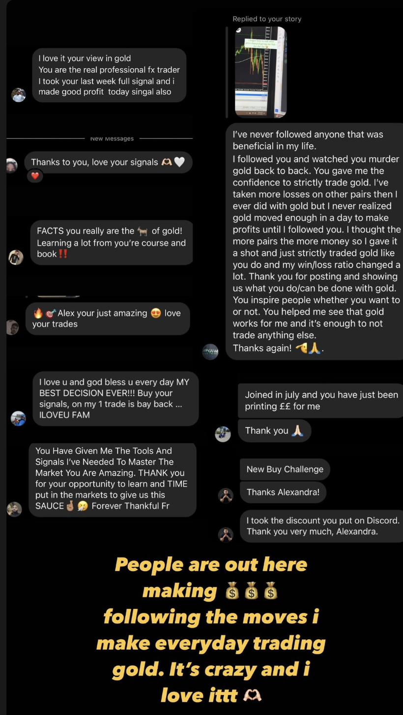 Member messages about learning gold trading through Alexandra's course, signals, and psychology book