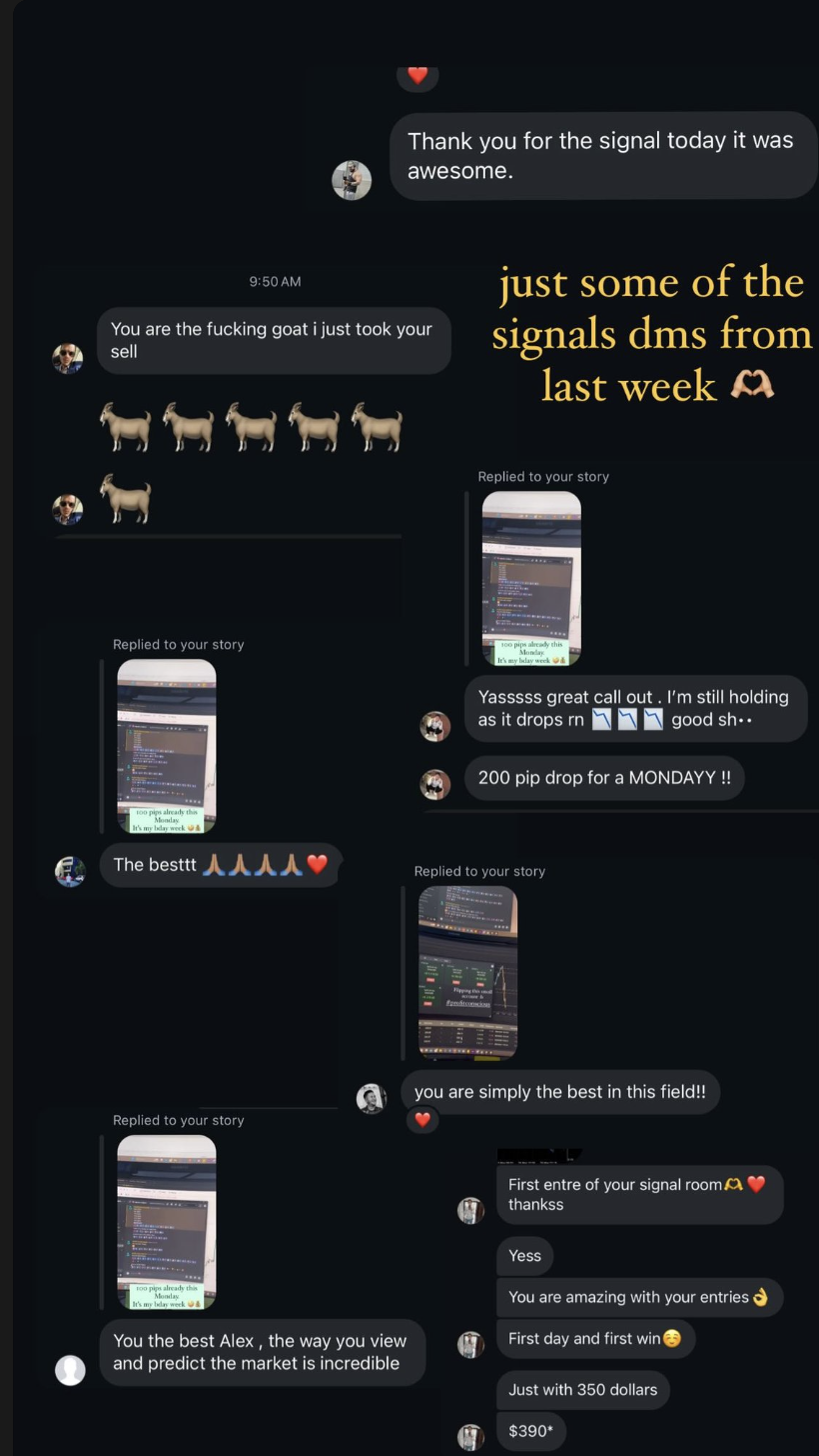 Collection of member direct messages responding to Alexandra's gold trading signals