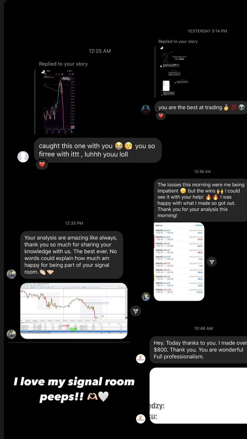 Instagram story collage of member direct messages thanking Alexandra for her gold trading signals and analysis