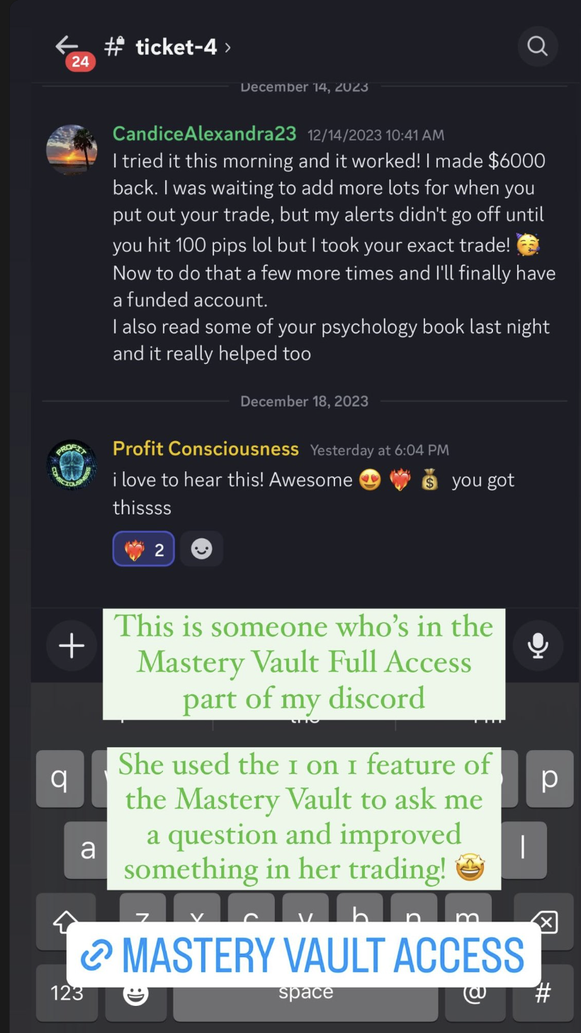 Discord testimonial from CandiceAlexandra23 about the Mastery Vault one-on-one support and psychology book