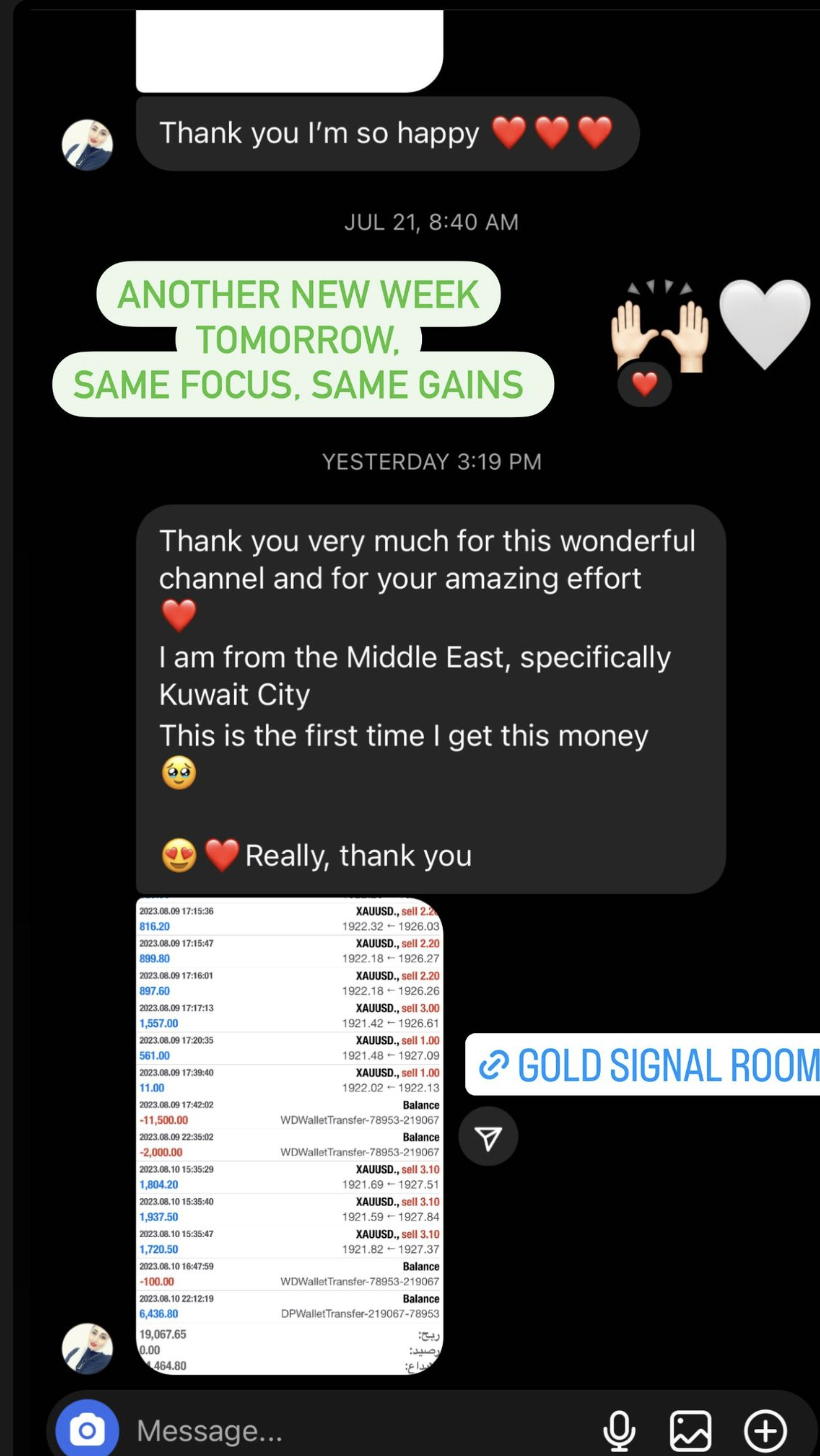 Instagram story with a member direct message thanking Alexandra, alongside a gold trade screenshot