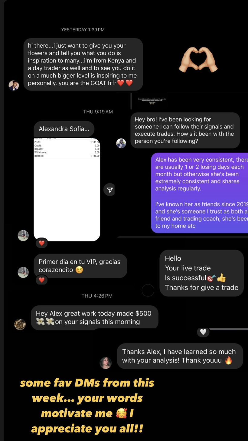 Member direct messages about Alexandra Sofia's trading analysis and signal room