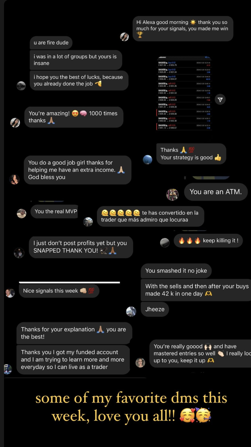 Collection of member direct messages thanking Alexandra for her gold trading signals and explanations